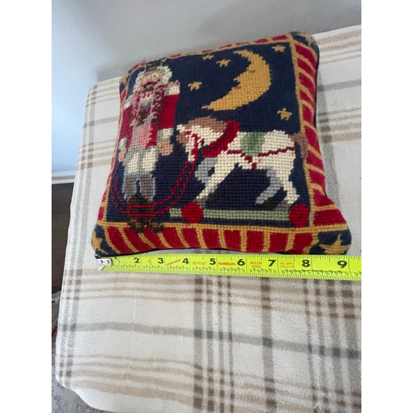 Vintage Needlepoint Nutcracker Pillow Horse Moon Scene 9x9 Velvet Back - Picture 3 of 4